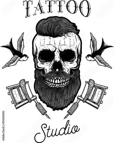 Tattoo studio emblem template. Crossed tattoo machine, skull, roses. Design element for logo, label, sign, poster, t shirt. Vector illustration