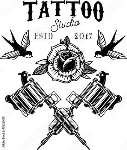Tattoo studio emblem template. Crossed tattoo machine, roses, swallows. Design element for logo, label, sign, poster, t shirt. Vector illustration