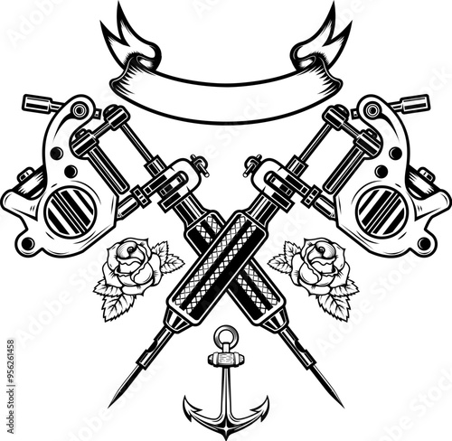 Tattoo studio emblem template. Crossed tattoo machine, roses, swallows. Design element for logo, label, sign, poster, t shirt. Vector illustration