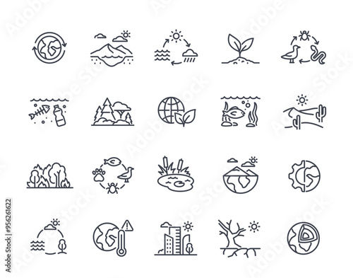 Set of ecosystem line icons. Symbols of food chain, water cycle and global warming. Editable stroke. Design elements for website. Outline vector illustration collection isolated on white background