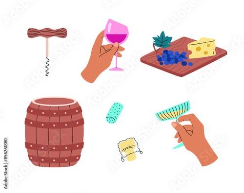 Vector set of icons with hands holding glasses of wine and champagne, grapes and cheese