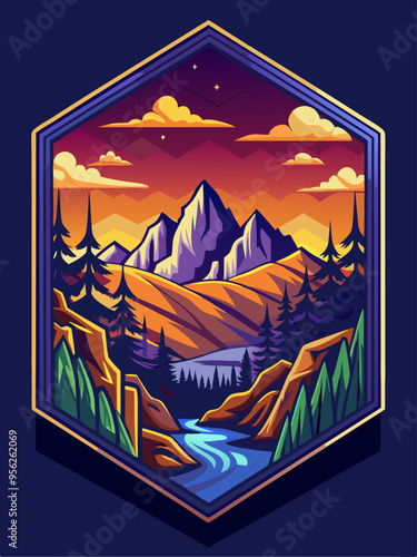 Mountain Range Sunset with River and Trees Framed in Hexagon