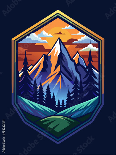 Mountain Landscape with Sunset and Pine Trees in a Hexagon