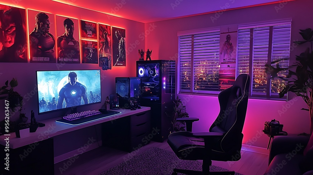 A dynamic superhero-inspired gaming room, with walls adorned with iconic comic book covers, vibrant lighting in heroic colors, and a gaming setup with superhero memorabilia, A dynamic superhero-inspired gaming room, with walls adorned with iconic comic book covers, vibrant lighting in heroic colors, and a gaming setup with superhero memorabilia,