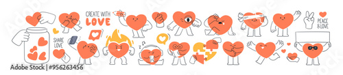 Cute heart characters set. Love, support, passion, trust symbols, concept signs. Happy funny design elements for Valentine s Day. Flat cartoon vector illustrations isolated on white background