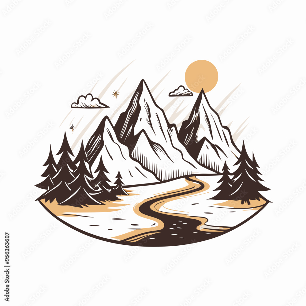 Scenic Mountain Landscape with River and Trees Illustration in Brown and White Scenic Mountain Landscape with River and Trees Illustration in Brown and White