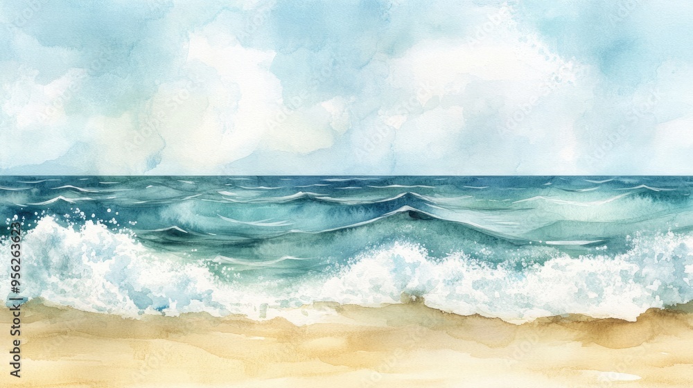 Seascape Watercolor Painting with Blue Sky Seascape Watercolor Painting with Blue Sky