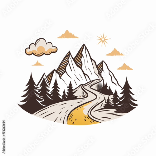 Winding Mountain Road through Forest Landscape Illustration in Brown and White