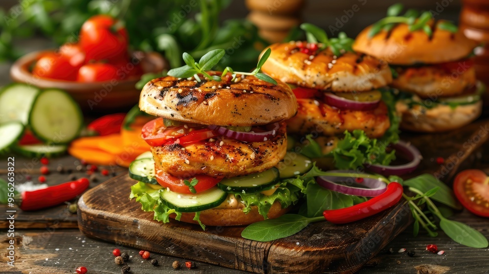 Homemade square burgers with grilled chicken and fresh vegetables in a rustic style Appetizing snack Healthy food High quality photo Homemade square burgers with grilled chicken and fresh vegetables in a rustic style Appetizing snack Healthy food High quality photo