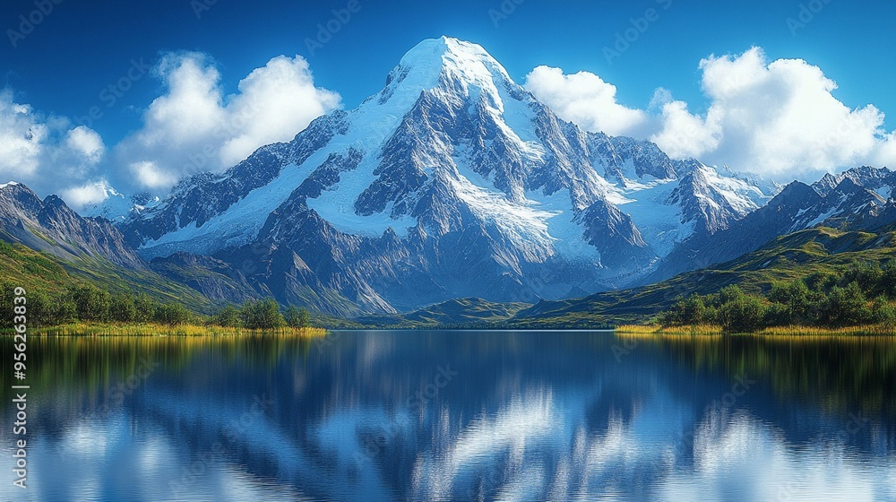 Majestic Mountain Serenity: Snow-capped peak reflected in a pristine alpine lake. 