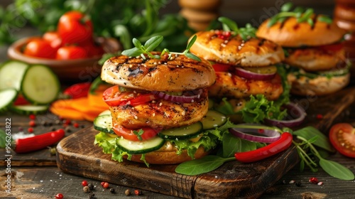 Homemade square burgers with grilled chicken and fresh vegetables in a rustic style Appetizing snack Healthy food High quality photo photo