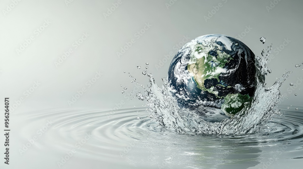 Earth dropping into a watery globe, creating ripples and splash effects, isolated on a clean background. Earth dropping into a watery globe, creating ripples and splash effects, isolated on a clean background.