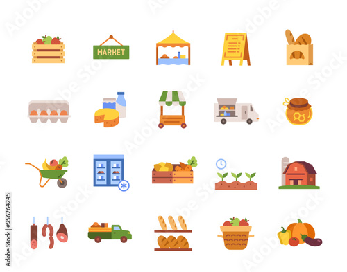 Farmers Market Icons set. Colourful signs with organic farm products, vegetable stands and baskets. Design element for app or website. Flat vector illustration collection isolated on white background