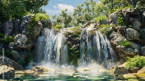 Waterfall in the mountains melting glaciers with crystal clear water Water flows over rocks and stones overgrown with moss Brightly blue sky