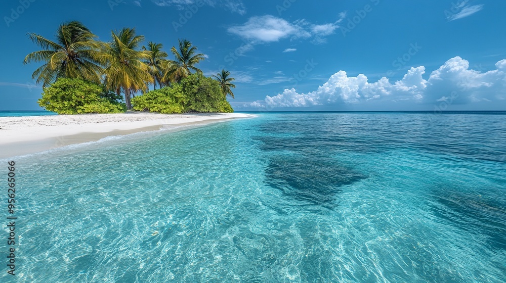 Fototapeta premium Tropical Paradise: A pristine, secluded island with palm trees swaying gently in the breeze, surrounded by crystal-clear turquoise waters. The idyllic scene is bathed in warm sunlight, offering a sens