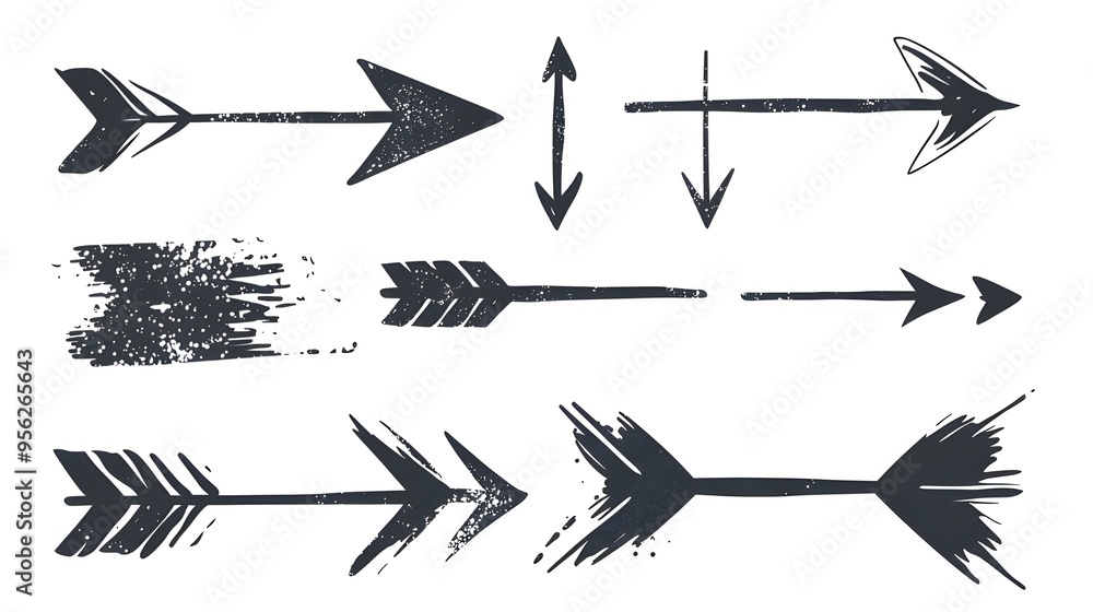 Black hand drawn arrows on a white background, vector illustration, simple design with flat colors and brush strokes. The arrows are of different shapes and sizes with white space. Black hand drawn arrows on a white background, vector illustration, simple design with flat colors and brush strokes. The arrows are of different shapes and sizes with white space.