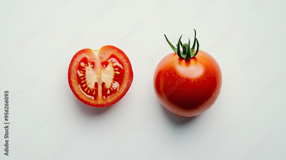 Freshly cut red tomato slice next to a whole tomato, arranged on a white background, viewed from above. Freshly cut red tomato slice next to a whole tomato, arranged on a white background, viewed from above.