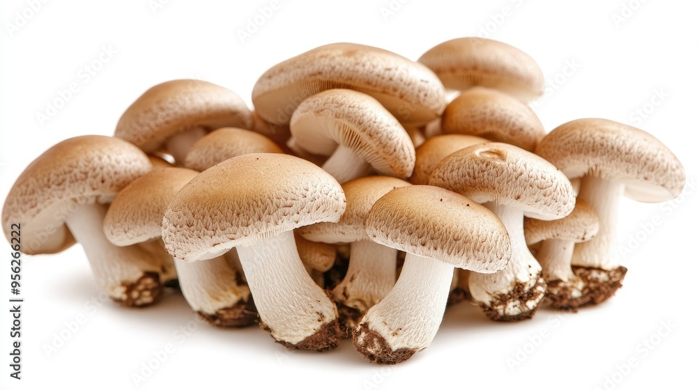Group of brown Shimeji mushrooms, arranged naturally on a white background, emphasizing their earthy texture. Group of brown Shimeji mushrooms, arranged naturally on a white background, emphasizing their earthy texture.