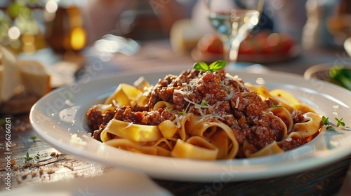 Dish of tasty tagliatelle with beef ragu sauce italian food european cuisine photo