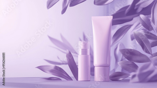 Cosmetics and skincare product ads template on a purple background, featuring leaves for added detail. 