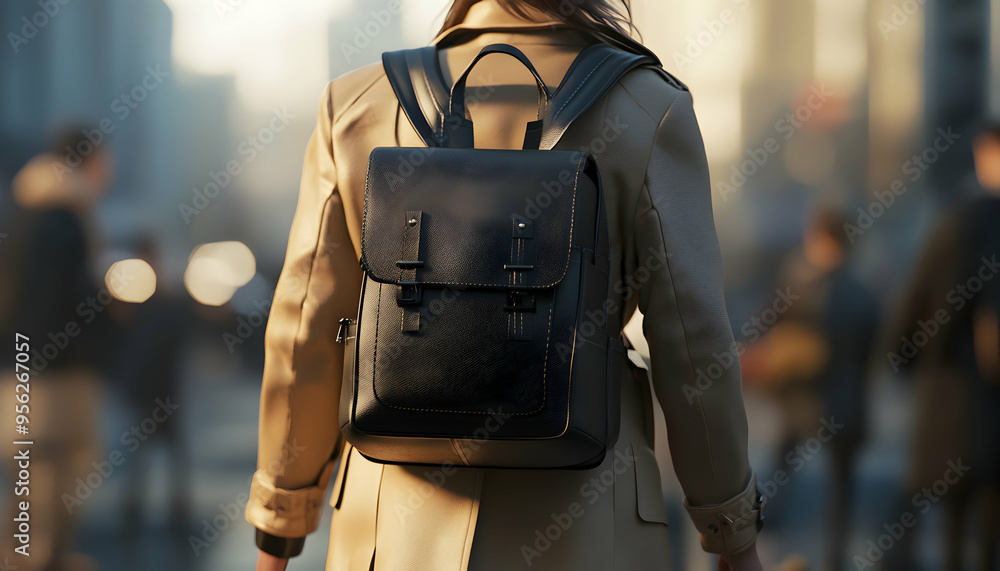 A woman walking through a city with a black leather backpack. A woman walking through a city with a black leather backpack.