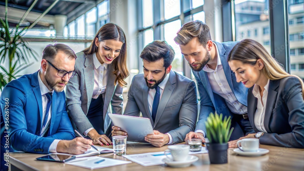 Team of professionals analyzing a business plan in a modern office setting, teamwork and collaboration Team of professionals analyzing a business plan in a modern office setting, teamwork and collaboration