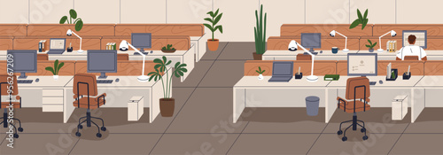 Open-space office interior with empty vacant computer desks. Only employee works at workplace panorama, professional workspace during holiday, weekend, quarantine, reduction. Flat vector illustration