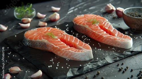 Farm raised salmon steaks on a slate board photo