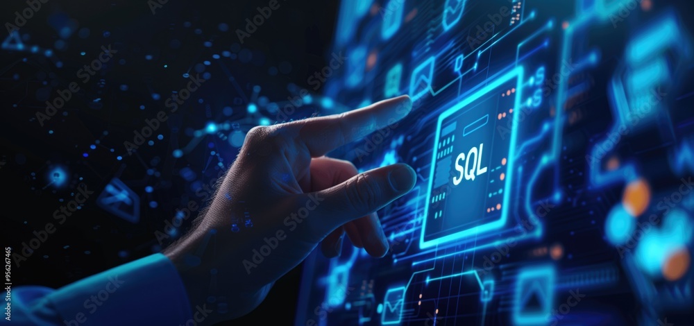Fototapeta premium Hand of Business Professional Interacting with Futuristic SQL Database Interface on Digital Screen.