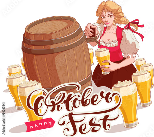 German girl pouring beer from keg oktoberfest beer festival. Vector cartoon illustration greeting card