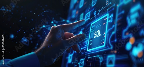 Hand of Business Professional Interacting with Futuristic SQL Database Interface on Digital Screen.