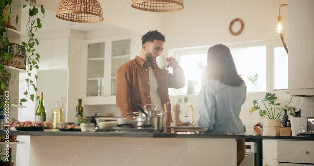 Couple, cooking and toast coffee in kitchen, cheers or thanks with chat, nutrition and dinner. Man, woman and support with smile for tea cup, food or celebration for teamwork with meal prep in home Couple, cooking and toast coffee in kitchen, cheers or thanks with chat, nutrition and dinner. Man, woman and support with smile for tea cup, food or celebration for teamwork with meal prep in home