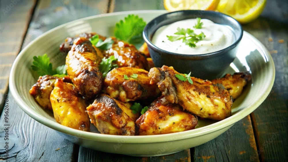 Fototapeta premium Crispy Chicken Wings with Creamy Dip and Parsley Garnish