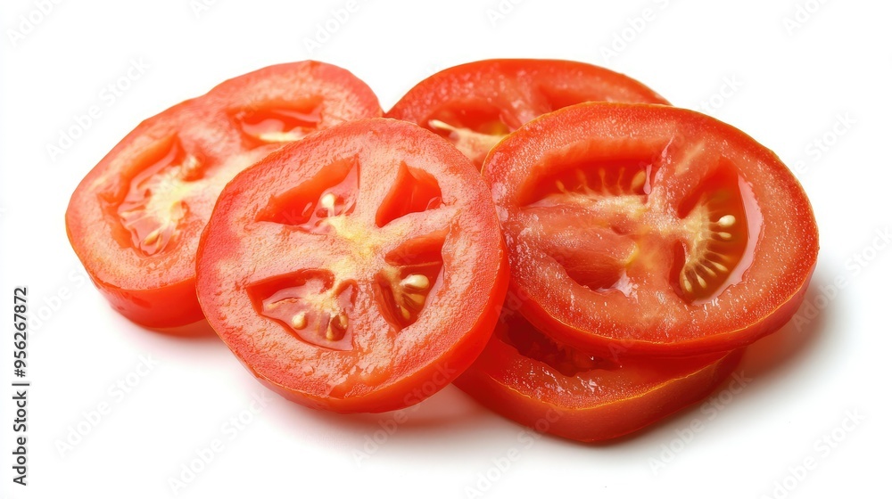 Sliced red tomato with juicy segments, placed on a white background, showing vibrant colors. Sliced red tomato with juicy segments, placed on a white background, showing vibrant colors.