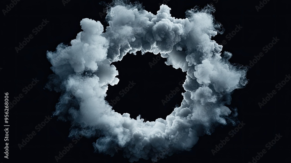Smoke clouds expanding from a central point, isolated on a dark background with an empty circular center. Smoke clouds expanding from a central point, isolated on a dark background with an empty circular center.