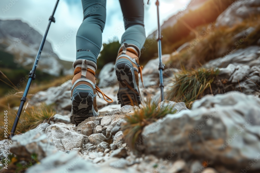 Obraz premium Close-Up of Hiker's Feet on Rocky Mountain Trail with Trekking Poles.