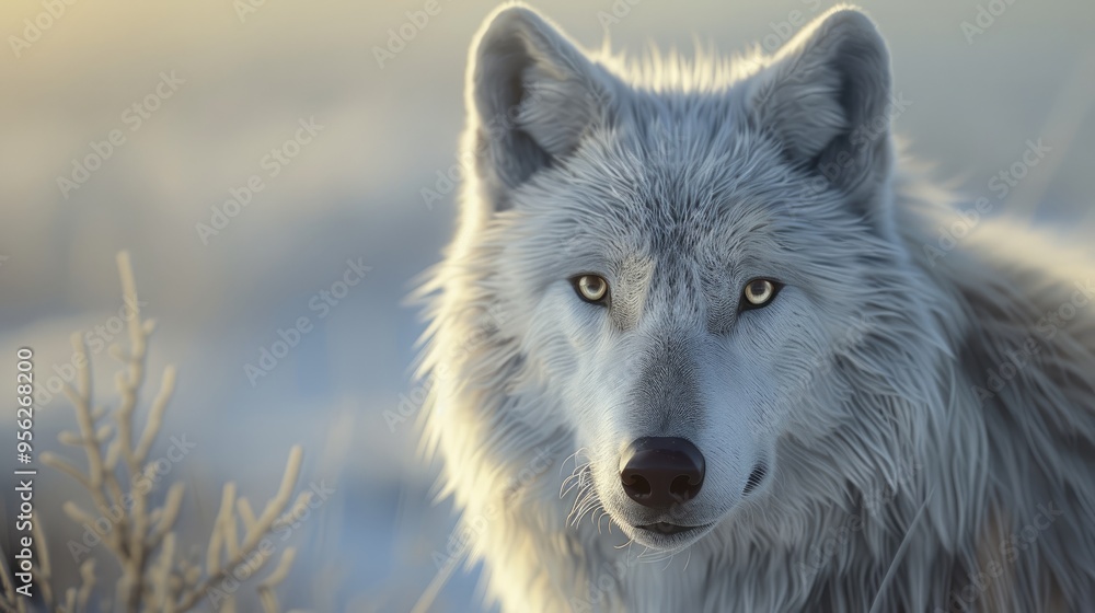 Wild alaskan tundra wolf is looking at the camera Canis lupus arctos Polar wolf or white wolf Wild alaskan tundra wolf is looking at the camera Canis lupus arctos Polar wolf or white wolf