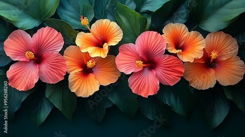 Tropical Hibiscus Blooms: A vibrant display of pink and orange hibiscus flowers, blooming in lush green foliage, evokes a sense of tropical paradise and summer beauty.