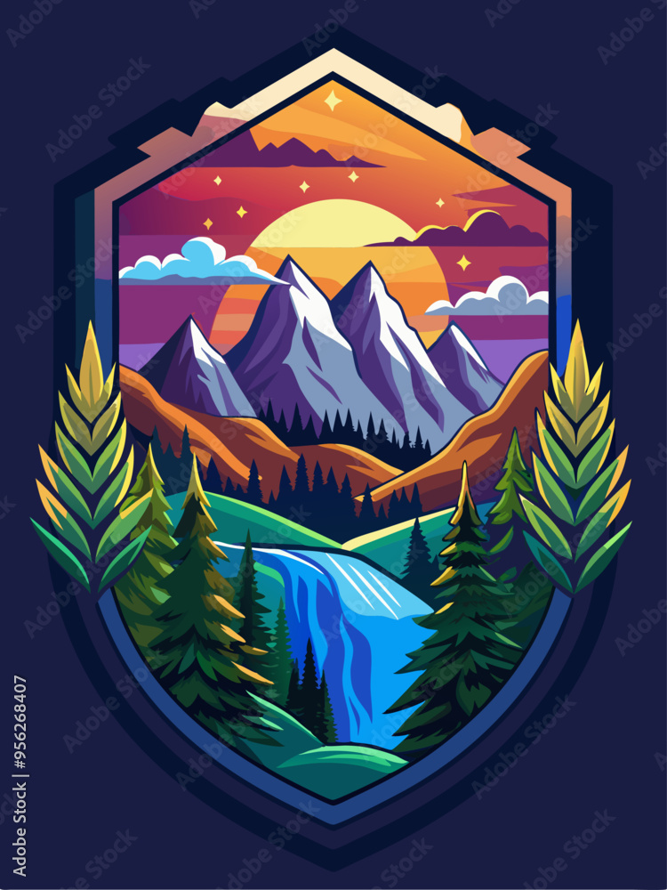 A Mountainous Landscape with a Waterfall at Sunset A Mountainous Landscape with a Waterfall at Sunset