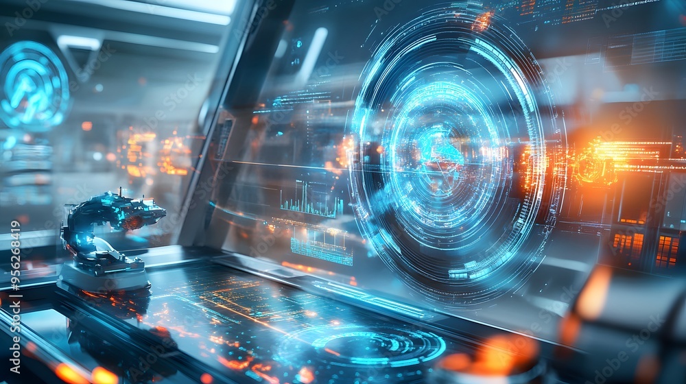Futuristic Interface with Holographic Displays and Robotic Arm. Futuristic Interface with Holographic Displays and Robotic Arm.