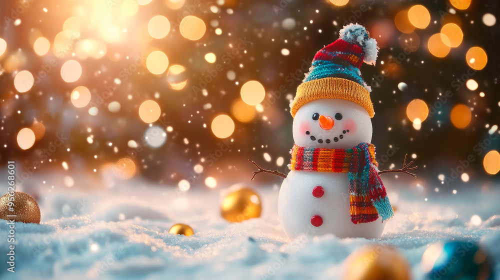 Christmas festive winter background with a happy snowman standing in a snow. Christmas festive winter background with a happy snowman standing in a snow.
