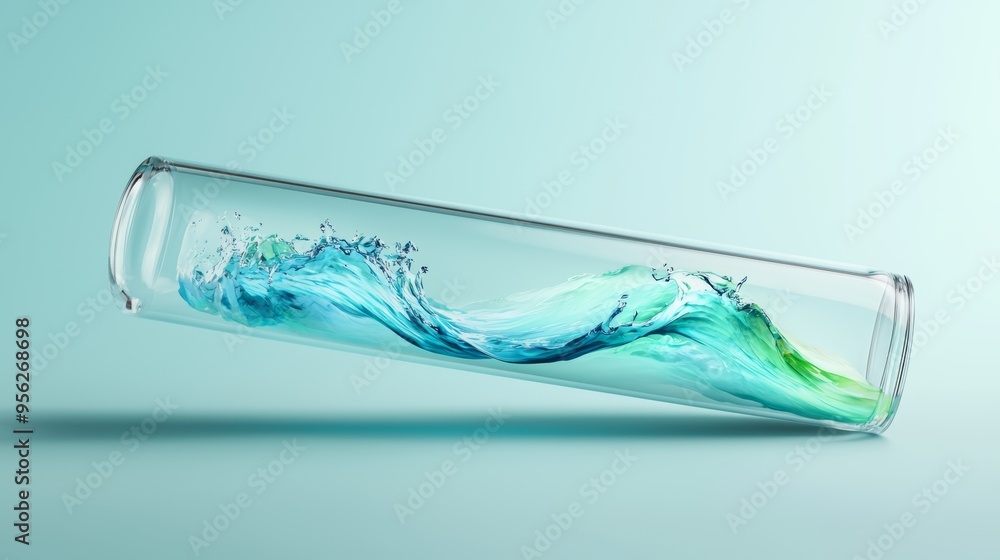 A glass tube mockup with an embedded pattern of swirling blue and green waves, representing the balance between water and air in reducing global warming. A glass tube mockup with an embedded pattern of swirling blue and green waves, representing the balance between water and air in reducing global warming.