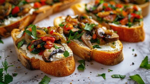 Delicious fresh bruschetta with mushrooms spinach cheese cream cheese and paprika in row Baked bruschetta with vegetable filling hearty snack Italian appetizer photo