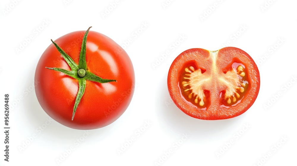 Whole tomato with a cut slice, isolated on white, top view, highlighting the freshness and texture. Whole tomato with a cut slice, isolated on white, top view, highlighting the freshness and texture.