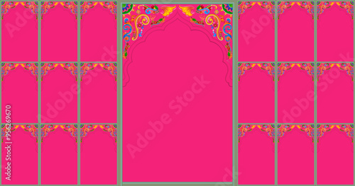 Set of windows Beautiful Arch small and Big Design with Indian Rajasthani jaipur fort and Culture. Wedding Backdrop. Abstract Indian floral rug design, Persian carpet, tribal texture, Vector.