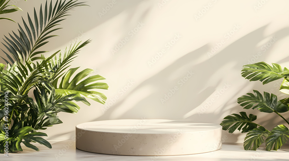Indoor exhibition space decorated with circular platform and green plants Indoor exhibition space decorated with circular platform and green plants