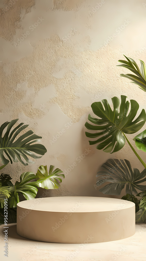 Indoor exhibition space decorated with circular platform and green plants Indoor exhibition space decorated with circular platform and green plants