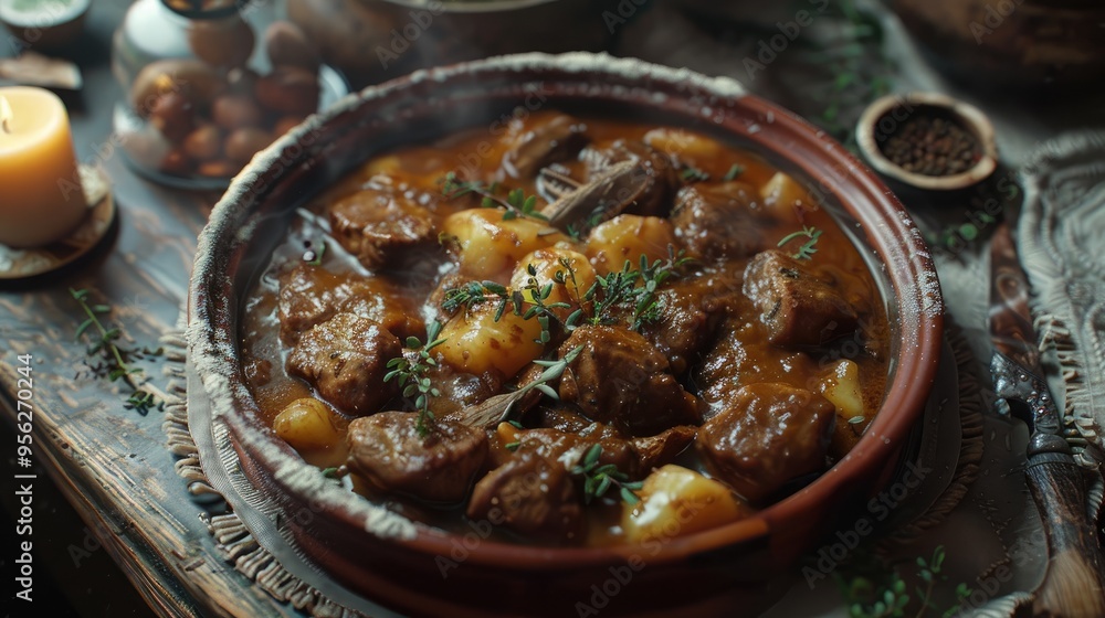 Beef stew in gravy served with potato dumplings Beef stew in gravy served with potato dumplings