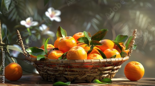 Tangerinea fruits or Santang in traditional rattan basket Oranges and Tangerines bring luck and happiness photo