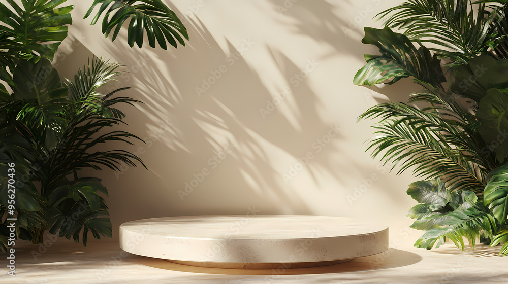 Indoor exhibition space decorated with circular platform and green plants Indoor exhibition space decorated with circular platform and green plants